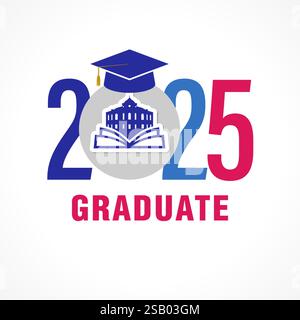 Education Awards 2025 Logo-Design. Symbol für den Abschluss mit Hochschulemblem auf 3D-Papier und blauem Mörtelkarton. Kreatives typographisches Konzept. Stock Vektor