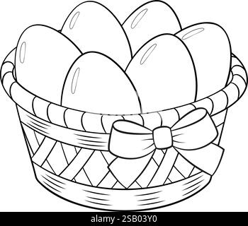 Zeichentrickkorb mit einer Schleife voller Ostereier im Doodle-Stil. Happy easter Hand gezeichnet schwarz-weiß isolierte Malseite Kunsttherapie. Geschenkartikel für Frühlingsferien. Osterkorb Vektor-Illustration Stock Vektor
