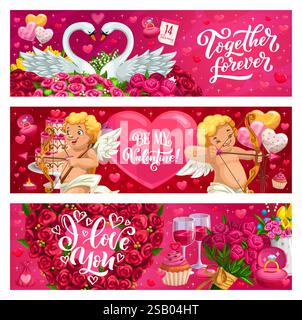 Valentinstag-Banner. Romantische Liebesgrußkarten mit Schwänen, Engeln, Rosen, Herzen und eleganten Phrasen wie „Together Forever“, „Be My valentine“ und „i Love You“ in roten und rosa Farben Stock Vektor