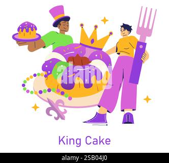 Illustration des Königskuchens. Eine festliche Feier des Mardi Gras mit einem bunten Königskuchen umgeben von fröhlichen Charakteren. Mit einer Krone, die Festlichkeiten symbolisiert, fängt diese Kunst den Geist des Genusses und der Zweisamkeit während der Karnevalszeit ein. Vektorabbildung. Stock Vektor