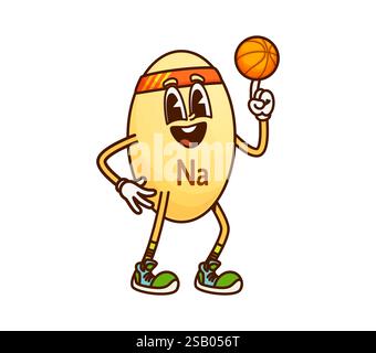 Cartoon Natrium Vitamin groovige Figur spinnt einen Basketball mit einem fröhlichen Ausdruck auf den Finger. Isolierte Vector Na Mikronährstoffkapsel Basketballspieler Retro-Sportler Personage trägt Turnschuhe Stock Vektor