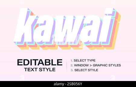 Kawai bearbeitbare Vorlage mit Texteffekt und Regenbogengrafik. Personalisierbare Farben mit Konturendesign. Vektorabbildung Stock Vektor