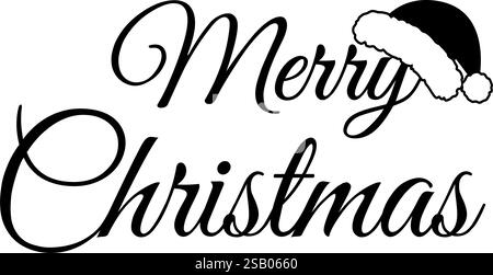 Frohe Weihnachten schwarze Textbeschriftung und Weihnachtsmütze auf dem Neujahrsgruß Design-Idee. Isolierte Vektor-Illustration Thematische Karten, Poster, Aufkleber oder Web-Werbebanner, Broschüren, Etiketten Stock Vektor