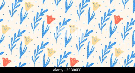 Handgemaltes Blumenmuster mit Tulpen im skandinavischen Stil. Ein helles Muster für Kindertextilien, Geschenkpapier und Damenbekleidung. Stock Vektor