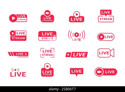 Satz isolierter Symbole für Streaming, Live-Übertragung, Live-Auftritte, Nachrichten und verschiedene Videoinhalte. Vektorabbildung Stock Vektor