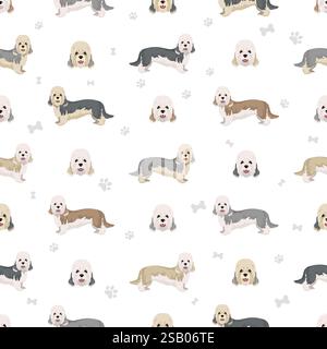 Dandie dinmont Terrier Nahtloses Muster. Verschiedene Posen, Fellfarben eingestellt. Vektorgrafik Stock Vektor
