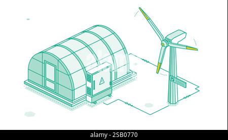 Isometrisches Gewächshaus mit Windturbine. Vektorabbildung. Landwirtschaft und Gartenbau. Geschlossene Tür. Konturobjekt isoliert auf weiß. Stock Vektor
