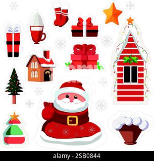Aufkleber Neujahrsmotiv mit Geschenken, Weihnachtsmann und Häusern. Stock Vektor