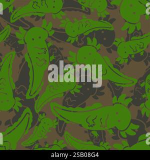 Nahtloses Axolotl Military-Muster. Hintergrund der kleinen amphibischen Salamander Armee. Textur Khaki, grüne Jagduniform Stock Vektor