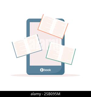 Offene Bücher und großer E-Book-Leser, isoliert auf weißem Hintergrund. Illustration des flachen Vektors Stock Vektor