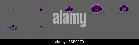 Animationssequenz für violette Explosionen – beginnend mit Punkt, dehnt sich mit Spritzern in eine platzende Wolke aus und verblasst zu verstreuten Partikeln. Dynamisches Sprite Sheet für visuelle Effekte oder Bewegungsgrafiken. Stock Vektor