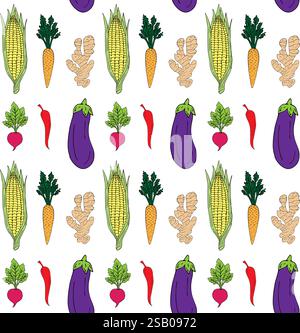Nahtloses Vektor-Muster von farbigem Gemüse isoliert auf weißem Hintergrund Stock Vektor