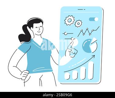 Frau, die eine App verwendet. Digitales Banking und mobiles Finanzmanagement. Vektorabbildung Stock Vektor