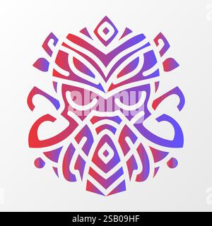 Eine lebendige geometrische Illustration einer von Kraken inspirierten Maske mit komplexen Stammesmustern, mit rotem und blauem Farbverlauf auf weißem Hintergrund. Co Stock Vektor