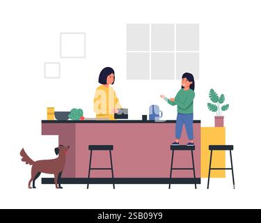 Die Familie bereitet das Abendessen in einer modernen Küche vor, während die Mutter kocht, während die Tochter vom Hocker aus hilft, und ihr Hund neugierig zusieht, was eine warme Atmosphäre schafft Stock Vektor