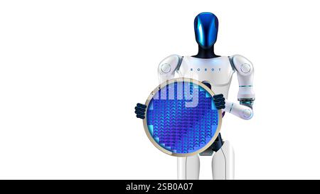 AI-Roboter arbeitet im Werk. Humanoider Roboter mit künstlicher Intelligenz oder KI bei der Herstellung von Elektronikfabriken oder Halbleiterchips. Industrie 4,0. A Stock Vektor