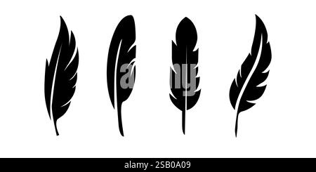 Vogelfeder Symbol Set Vektor Illustration isoliert auf . Symbole für Vogelfedern. Vektorsilhouetten von schwarzen Federstiften, flauschigem Engelsflügel Stock Vektor