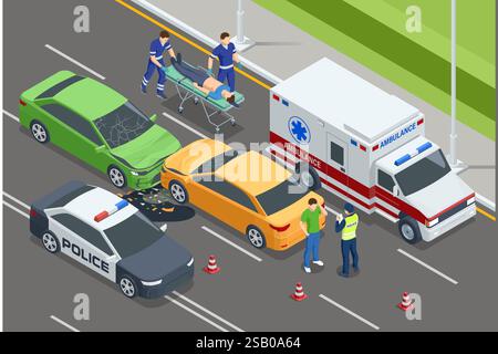 Isometrischer Autounfall mit zwei Fahrzeugen. Isometrische Vektorszene eines Verkehrsunfalls, an dem ein Lkw, ein Auto, eine Polizei und ein Krankenwagen beteiligt sind. Sanitäter helfen einem Stock Vektor
