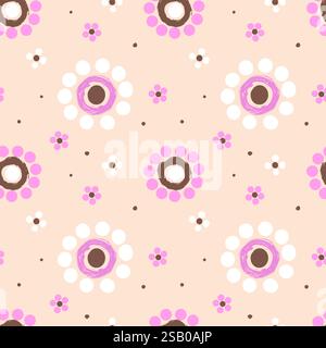 Handgezeichnetes nahtloses Blumenmuster mit rosa und weißen Gänseblümchen auf weichem Beige Hintergrund Stock Vektor