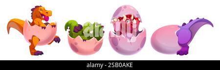 Zerbrochene Eier mit Baby-Dinosauriern im Set isoliert auf weißem Hintergrund. Vektor-Zeichentrickillustration von niedlichen Dinos schlüpfen, spielen und Verstecken in Eierschalen, Jurassic Park Tiere, lustige Zoo Maskottchen Stock Vektor