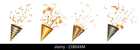 Party-Konfetti-Poppers-Set mit goldenen Streamern, die aus verzierten Kegelröhren platzen. Festliche Festtagskracker mit Streifen-, Metallic-, Wellen- und Sternmustern, die glitzernde Papierbänder aufnehmen. Stock Vektor