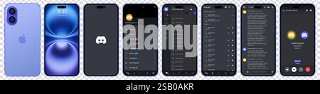 Display in blauem iPhone 16 diskontieren. Trennen Sie die mobile Anwendung von Microsoft Corporation auf einem Smartphone. Mockup-Vorlage für soziales Netzwerk auf Isolate festlegen Stock Vektor