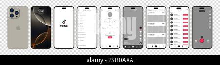 Tik Tok Design für iPhone 16 Pro. Legen Sie die Vorlage für die Benutzeroberfläche für soziale Medien und soziale Netzwerke für Tik Tok-Bildschirme fest. Homepage, Empfehlungen, Abonnements. Tik Stock Vektor