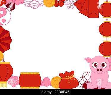 Laterne Festival rechteckige Rahmenschablone mit Laternen Pig 2031 chinesische Elemente. Vektorillustration für Banner, Flyer, Poster, Grußkarten, Zoll Stock Vektor