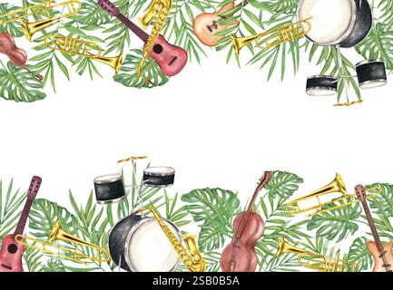 Aquarellpercussion, Saiten- und Bläsermusikinstrumente zwischen Palmen, Monsterapflanzen horizontaler Rahmen. Saxophon, Posaune, Trompete, Gitarre Stockfoto