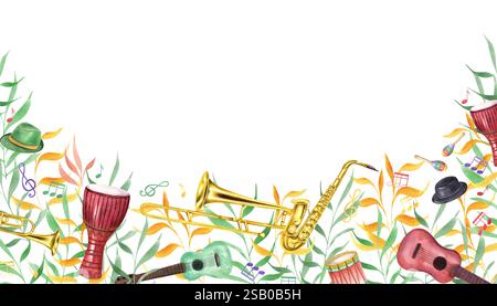 Aquarell Karneval Musikinstrumente, musikalische Noten zwischen abstrakten grünen orange Blättern Rechteckrahmen isoliert Hintergrund. Brasilianisch, Mardi Gras Stockfoto