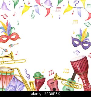 Aquarell Mardi Gras Karnevalszubehör, Musikinstrumente, Noten quadratischer Rahmen mit leerem Platz für Text. Festivalmaske mit Federn Stockfoto