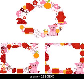 CNY Lantern Festival of Pig 2031 ovale Rahmen mit traditionellen chinesischen Elementen und Pferd. Vektorgrafik-Linienvorlage auf transparentem Hintergrund festgelegt Stock Vektor
