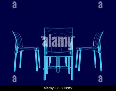 Blauer Stuhl ist vor zwei anderen Stühlen zu sehen. Die Stühle sind in einer Reihe angeordnet, mit dem blauen Stuhl in der Mitte. Das Bild ist modern und Mini Stock Vektor