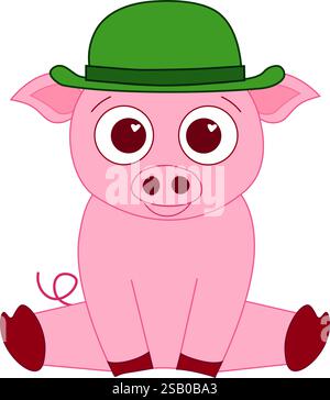 Pinkfarbenes, süßes Schwein im Hut. Avatar, Abzeichen, Poster, Logo-Vorlagen, Druck. Vektor-Illustration in flachem Cartoon-Stil Stock Vektor