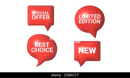 3D-Sprachblasen verschiedener Formen Nachrichtensymbol. Rote Farbe mit Text. Für Werbeplakate in sozialen Medien. Vektor-isolierter Satz. Stock Vektor