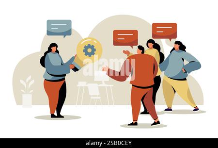 Büromitarbeiter, die neue kreative Geschäftsideen mit einer Glühlampe und einer Ausrüstung, Startup- und Teamwork-Konzept diskutieren Stock Vektor