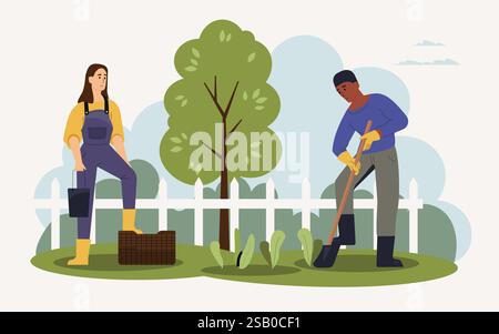 Zwei Gärtner arbeiten in einem lebendigen Garten zusammen. Pflanzung und Pflege verschiedener Pflanzen im Frühjahr. Betonung der Teamarbeit und des Engagements für Ökologi Stock Vektor