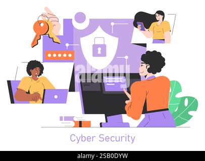 Sicherheitskonzept Internet Day. Verschiedene Menschen schützen digitale Daten mit sicheren Passwörtern und Verschlüsselung. Online-Datenschutz, Cybersicherheitsmaßnahmen. Vektorabbildung. Stock Vektor