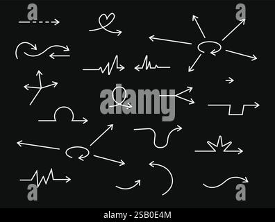 Pfeilvektor handgezeichnete Skizze Symbolsatz. Kritzelskizze Hand gezeichneter Richtungselementsatz. Zeichentrickelemente mit Bleistift-Doodle-Design. Scribble Stock Vektor