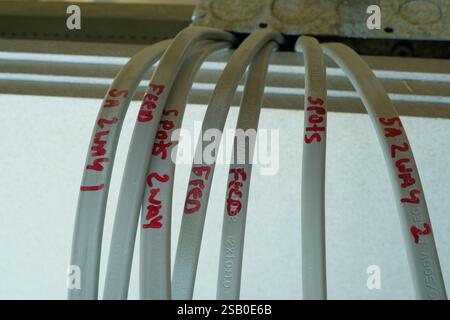 Gekennzeichnete elektrische Leitungen in einem neuen Gebäude. Zuerst die Elektrik reparieren. Stockfoto