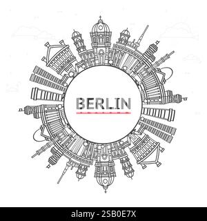 Skizzieren Sie die Skyline von Berlin Deutschland mit historischen Gebäuden und einem Kopierraum, der auf weiß isoliert ist. Vektorabbildung. Berliner Stadtlandschaft mit Wahrzeichen. Stock Vektor