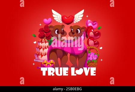 Valentinstag zitiert wahre Liebe. Herzwärmende Vektor-Grußkarte mit zwei Bären, die in einen rosafarbenen Schal gewickelt sind, umgeben von Rosen, Herzen, Ballons, Kuchen und Geschenkkorb auf einem leuchtend roten Hintergrund Stock Vektor