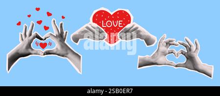 Hände machen und halten Herzformen Collage Vektor Halbton Illustration Set. Trendiges Design zum Valentinstag auf blauem Hintergrund Stock Vektor