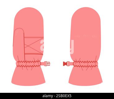 Snowboardhandschuhe Fäustlinge rosa Cartoon Mode Hand Accessoire Kleidung technische Illustration Kleid. Vektor-Vorderhandinnenansicht für Männer, Frauen, Unisex-Stil flache Vorlage CAD auf weißem Hintergrund Stock Vektor