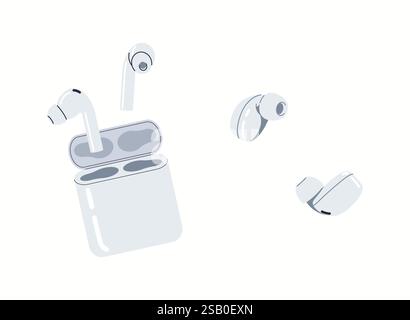 Ohrstöpsel mit Ladefläche mit Vektor-Symbol-Set. Moderne tragbare Audiotechnologie für Musikliebhaber, Objektpaket auf weißem Hintergrund Stock Vektor