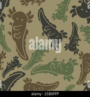 Nahtloses Axolotl Military-Muster. Hintergrund der kleinen amphibischen Salamander Armee. Textur Khaki, grüne Jagduniform Stock Vektor
