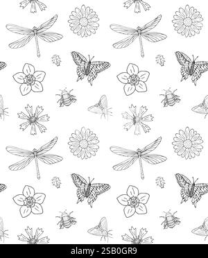 Vektor-nahtloses Muster von Insekten und Blumen Stock Vektor