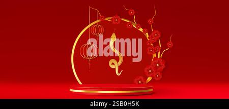 Chinesisches Neujahrspodium mit goldener Schlange, traditionellen Laternen und roten Pflaumenblüten. Luxuriöser Festivalständer mit eleganten orientalischen Elementen für festliche Warenpräsentationen. Stock Vektor