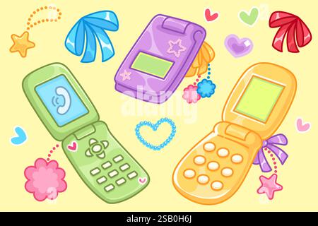Y2K ästhetisches Handyset – farbenfrohe Klappgeräte in grünen, lila und gelben Farben, verziert mit Herz- und Sterneanhängern, Schleifen und Perlen. Retro-Gadgets für nostalgischen Trend. Stock Vektor