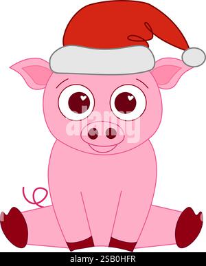 Niedliches rosafarbenes Schwein, das weihnachtsmütze trägt, grafische Linie Vektor-Komposition. Chinesisches Neujahr, Laterne Mondfest Maskottchen Stock Vektor